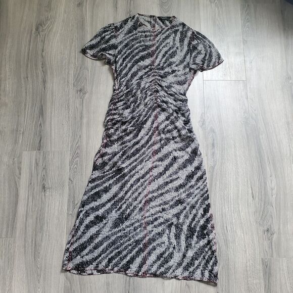 Rag and Bone Maris Midi Dress Women's 4 Black Print Silk Sheer Short Sleeve Part - Picture 1 of 12